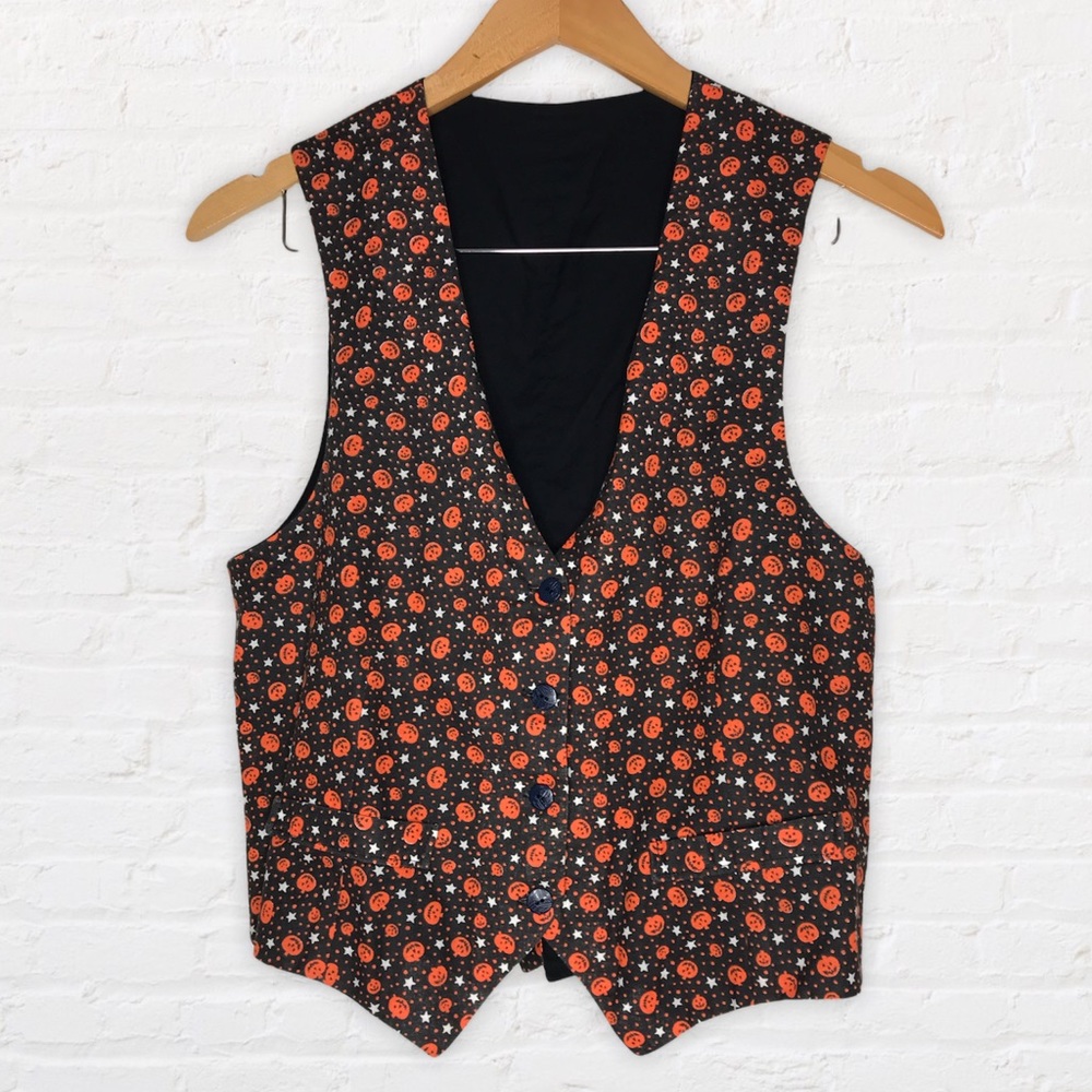 Handmade Vest Halloween Jack o lantern & stars button front 16.5” pit to pit